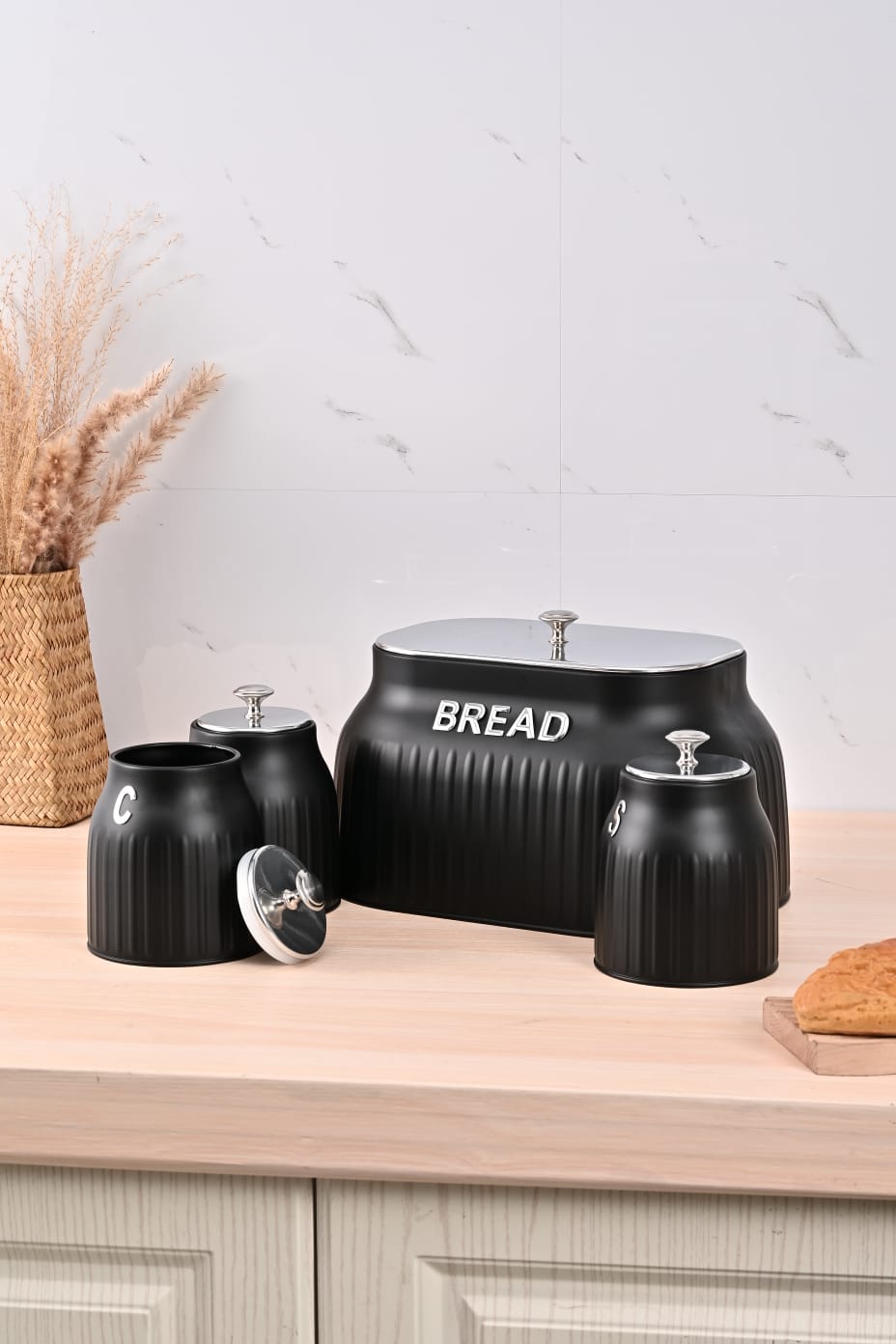 Trocloh 4 Piece Single Loaf Bread Bin & Tea Coffee & Sugar Canister Set